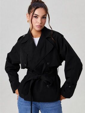 Katch Me Double-Breasted Belted Trench Jacket – Black – Size Small – NWOT